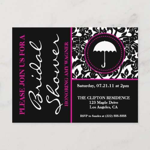 Gothic Black  WhitePink Flourish Bridal Shower Invitation Postcard