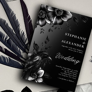Gothic Black White Raven Floral Wedding Invitation