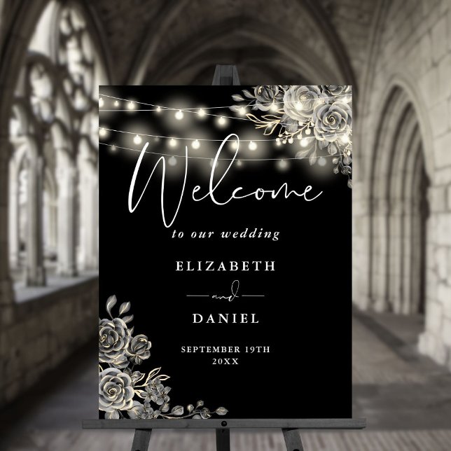 Gothic Black White Roses Lights Wedding Welcome Foam Board (Gothic Black White Roses Lights Wedding Welcome Foam Board)