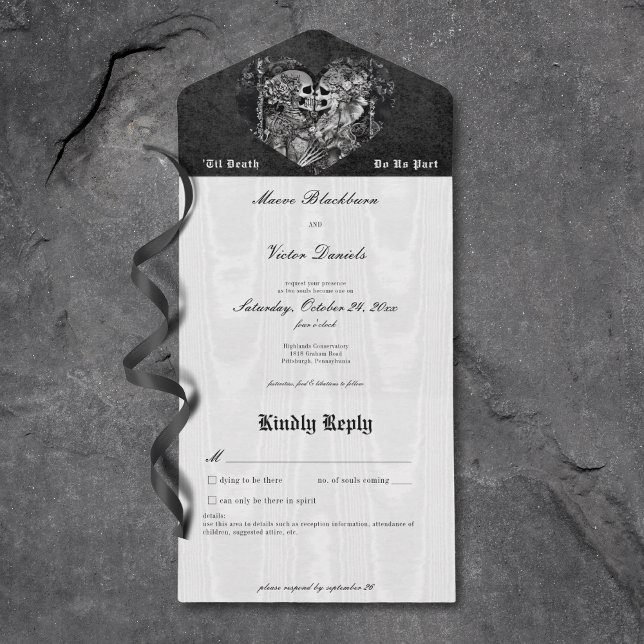 Gothic Black & White Skeleton Couple Details All In One Invitation (Gothic Black & White Skeleton Couple Details All in One Wedding Invitation)