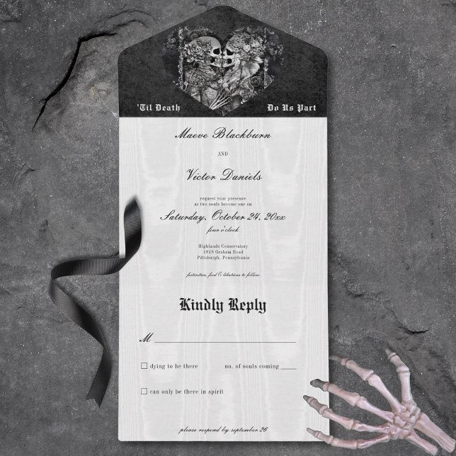 Gothic Black & White Skeleton Couple No Dinner All In One Invitation (Gothic Black & White Skeleton Couple No Dinner All In One Invitation)