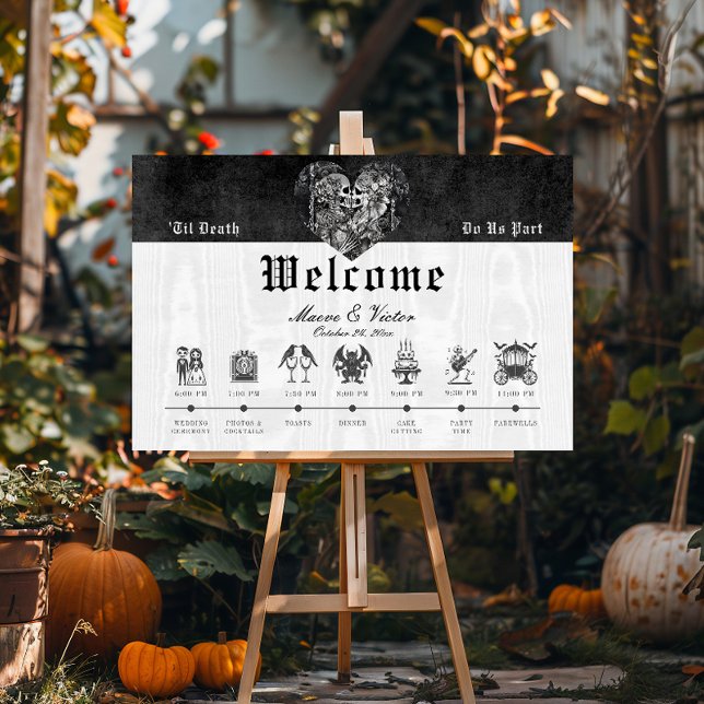 Gothic Black White Skeleton Couple Order of Events Foam Board (Gothic Black & White Skeleton Couple Wedding Order of Events Timeline Sign)