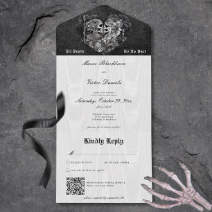 Gothic Black & White Skeleton Couple QR Code All In One Invitation