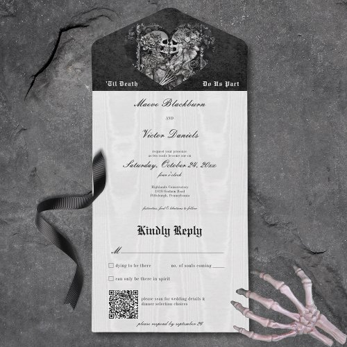 Gothic Black  White Skeleton Couple QR Code All In One Invitation