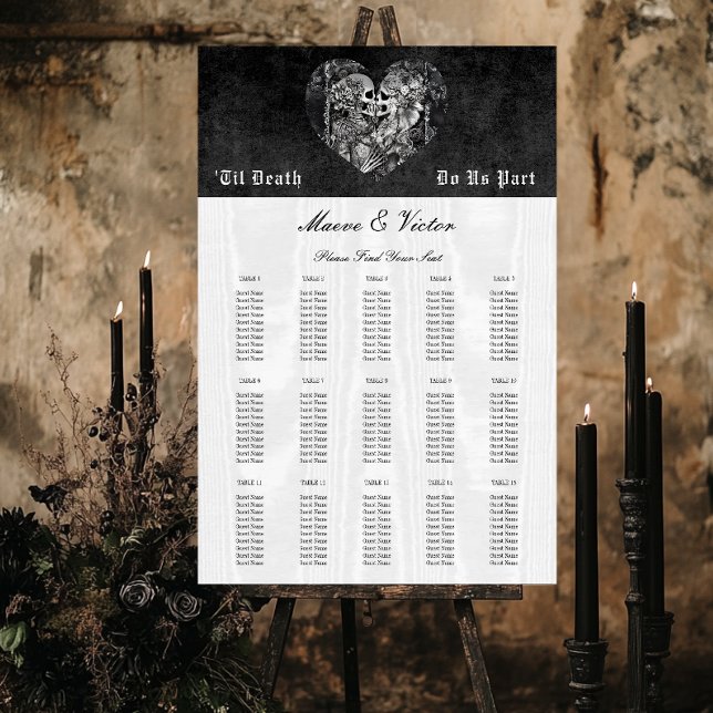 Gothic Black White Skeleton Couple Seating Chart Foam Board (Gothic Black & White Skeleton Couple Wedding Seating Chart Sign)