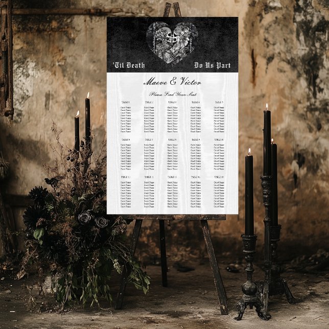 Gothic Black White Skeleton Couple Seating Chart Foam Board (Gothic Black & White Skeleton Couple Wedding Seating Chart Sign)