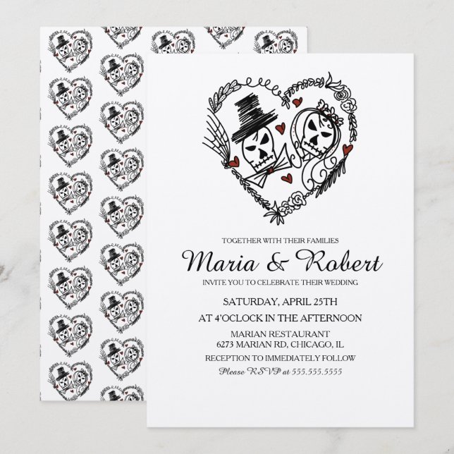 Gothic Black White Skeleton Doodle Wedding  Invitation (Front/Back)