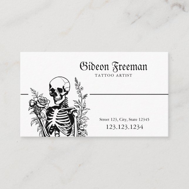 Gothic Black & White Skeleton Tattoo Artist Business Card (Front)