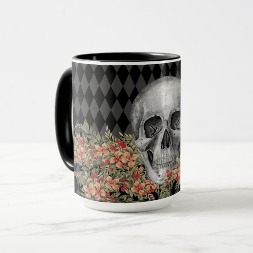 Gothic Black  White Skull  Flowers Mug