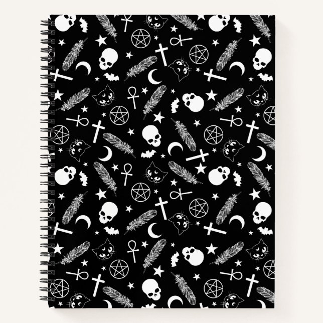 Gothic Black White Skull Pentagram Witch Pattern Notebook (Front)