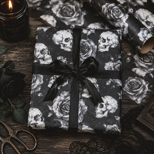 Gothic Black & White Skulls and Roses Wrapping Paper Sheets