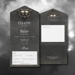 Gothic Black & White Skulls & Heart Dinner All In One Invitation