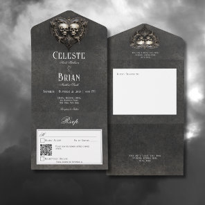 Gothic Black & White Skulls & Heart QR Code All In One Invitation