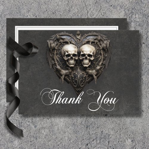 Gothic Black  White Skulls  Heart Wedding Thank You Card