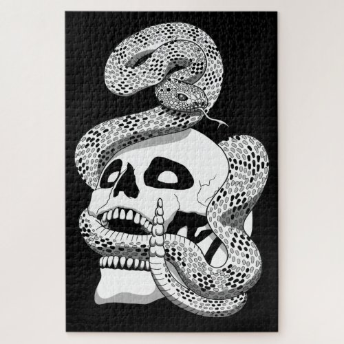 Gothic Black  White Snake and Skull Dark Art Jigsaw Puzzle