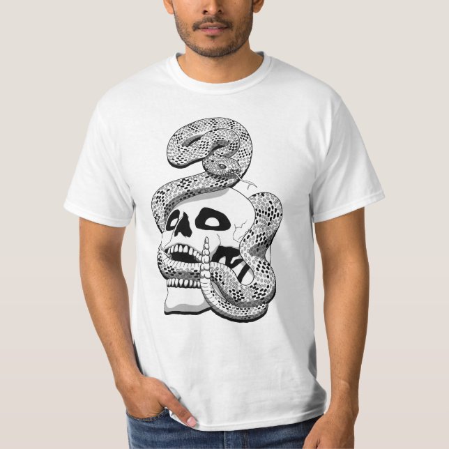 Gothic Black & White Snake and Skull Dark Art T-Shirt (Front)