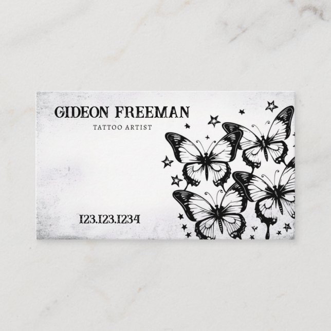 Gothic Black & White Sparkling Butterflies Tattoo Business Card (Front)