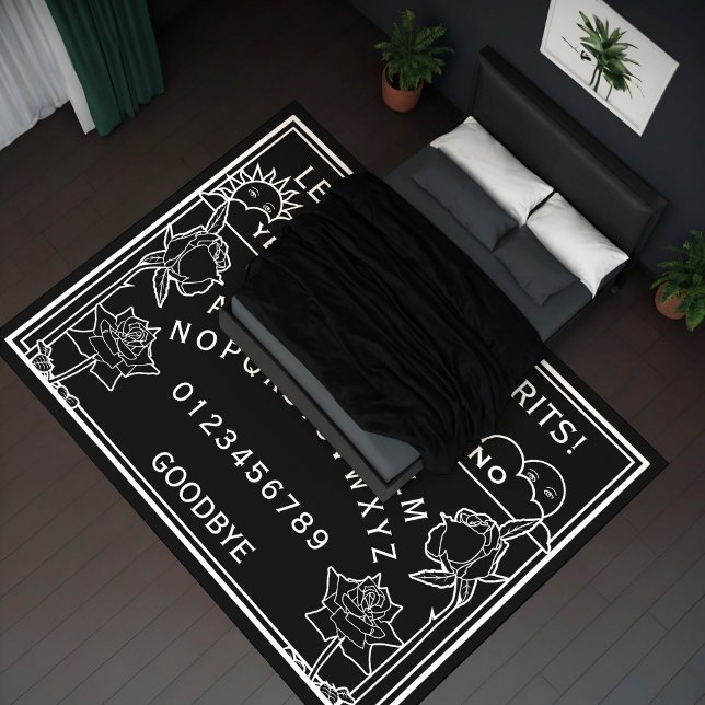 Gothic Black White Spirit Board Dark Floral Rug (In Situ bedroom. Generated using Leonardo AI.)