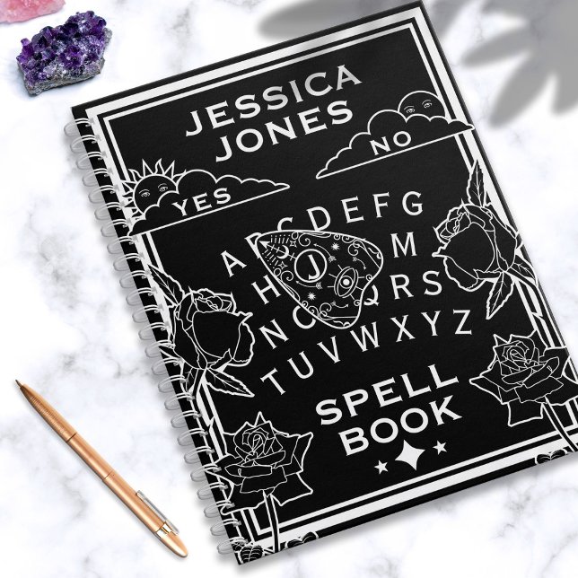 Gothic Black White Talking Board Name Spell  Notebook (Gothic black spell book with your name on the front)