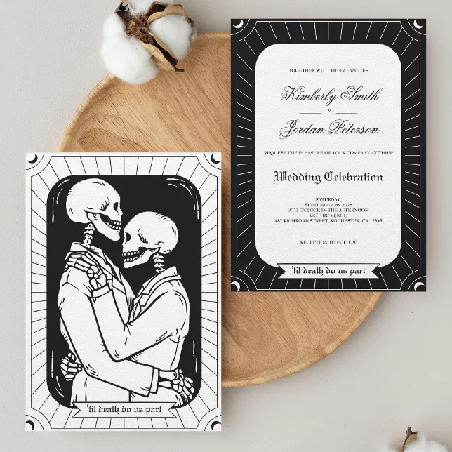 Gothic Black White Tarot Lovers Skeleton Wedding Invitation | Zazzle