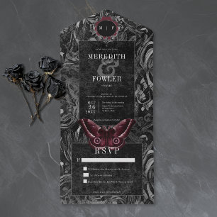 Gothic Black Wine Filigree Moth No Dinner Wedding All In One Invitation