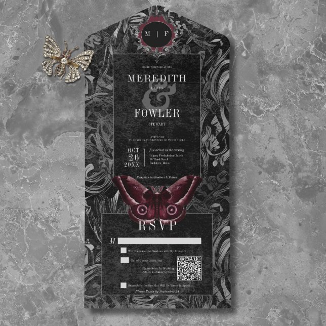 Gothic Black Wine Filigree Moth QR Code Wedding All In One Invitation (Gothic Black Wine Filigree Moth QR Code Wedding All In One Invitation)