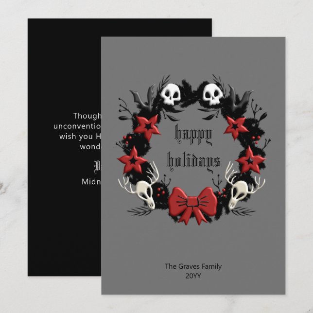 Gothic Black Wreath Happy Holidays Card (Front/Back)