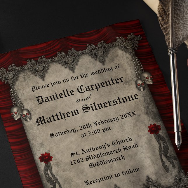 Gothic Blood Red Roses and Silver Skulls Wedding Invitation (Creator Uploaded)