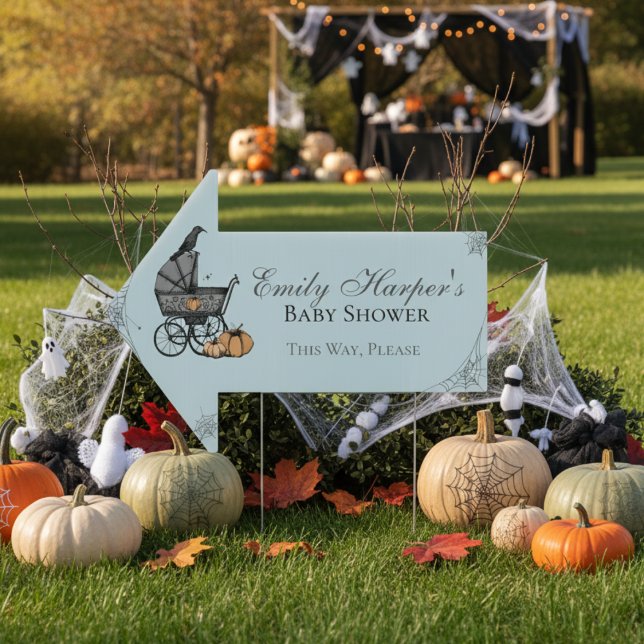 Gothic Blue Baby Carriage Baby Shower Arrow Sign (Spooky Vintage Baby Carriage Halloween Baby Shower / October Birthday Blue Directional Arrow Sign )