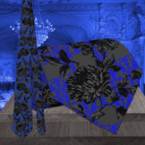 Gothic Blue  Black Floral Elegant Wedding Neck Tie