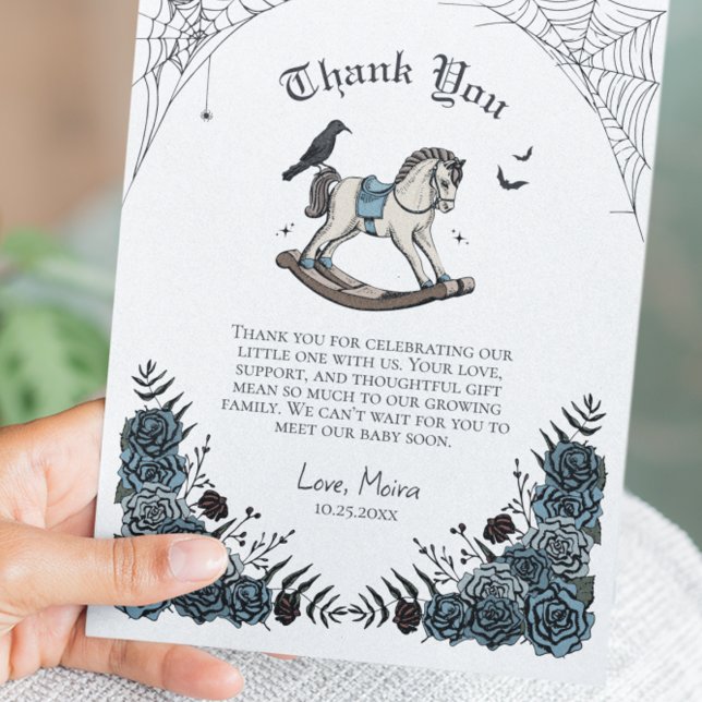 Gothic Blue Floral Rocking Horse Baby Shower Thank You Card (Gothic Halloween Baby Shower Thank You Card. Hand Drawn Rocking Horse, Raven, Bats, and Blue Roses.)