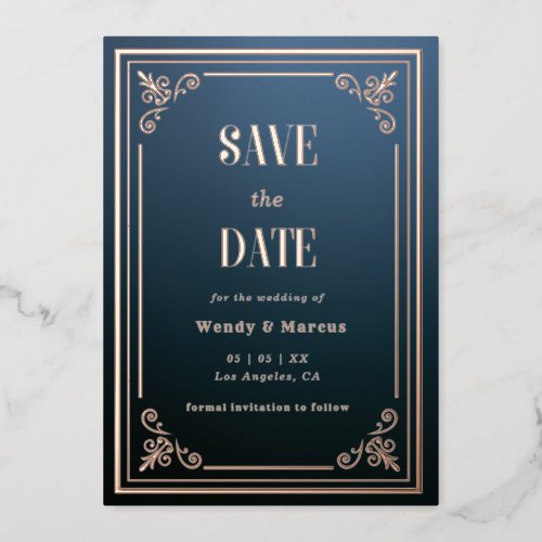 Gothic Blue Frame Dark Aesthetic Rose Gold Real Foil Invitation