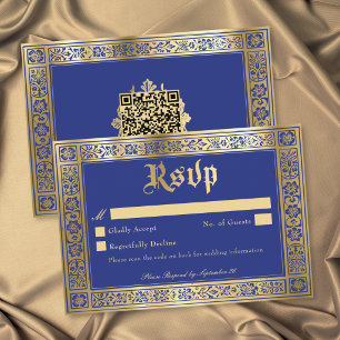 Gothic Blue Gold Medieval Until Death Wedding QR RSVP Card