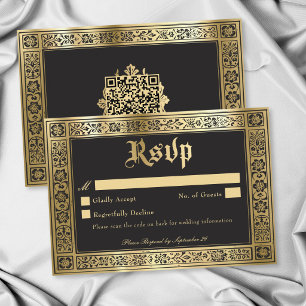 Gothic Blue Gold Medieval Until Death Wedding QR RSVP Card