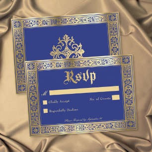 Gothic Blue Gold Medieval Until Death Wedding RSVP Card