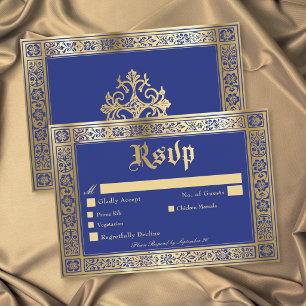 Gothic Blue Gold Medieval Until Death Wedding RSVP Card