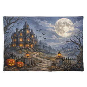 Gothic Blue Halloween Haunted Mansion Landscape Cloth Placemat