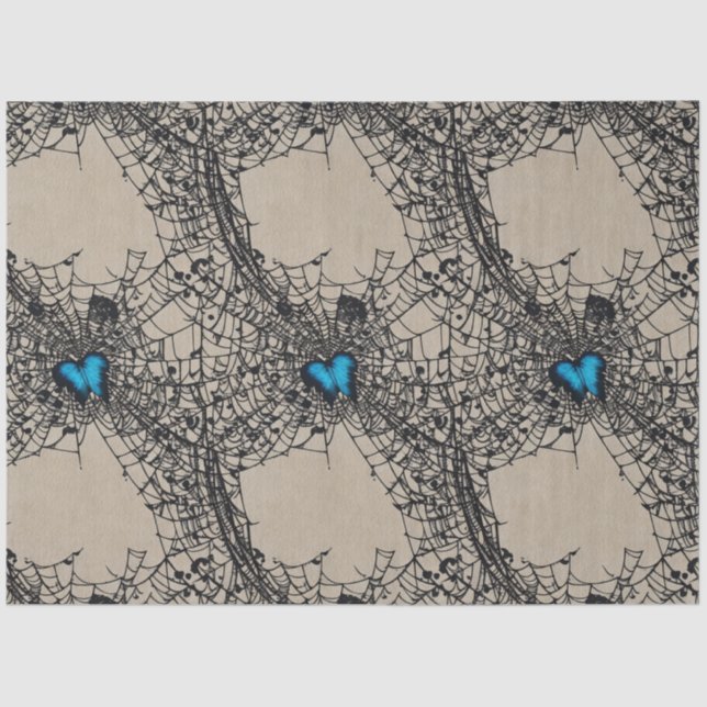 Gothic Blue Heart Butterfly in Spiderweb ephemera Tissue Paper (Front)