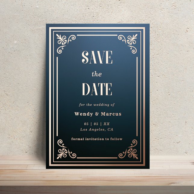 Gothic Blue & Rose Gold Save the Date Foil Invitation (Creator Uploaded)