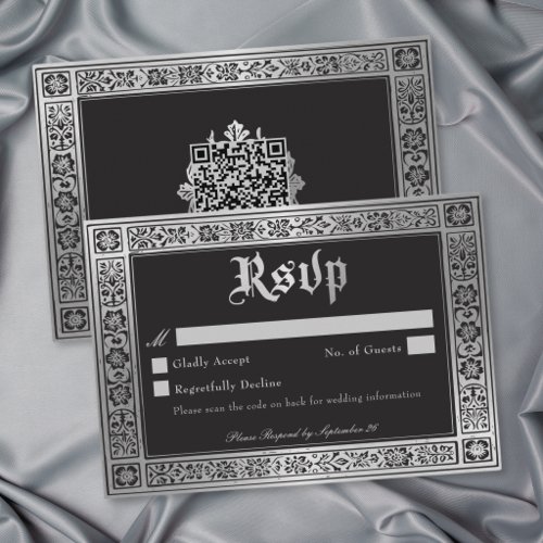 Gothic Blue Silver Medieval Wedding QR RSVP Card