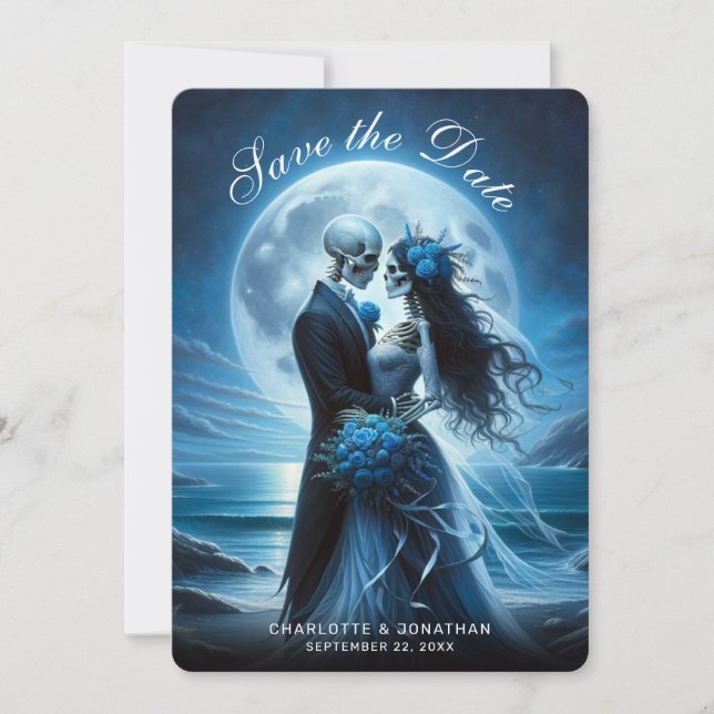Gothic Blue Skeleton Couple Wedding Save the Date (Front)