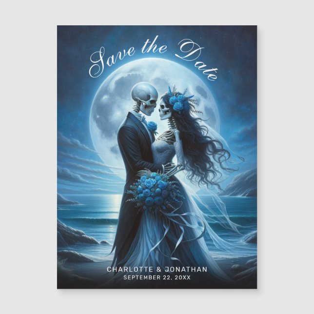Gothic Blue Skeleton Couple Wedding Save the Date (Front)