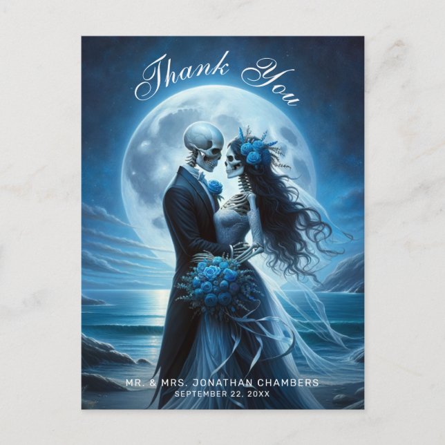 Gothic Blue Skeleton Couple Wedding Thank You Postcard (Front)