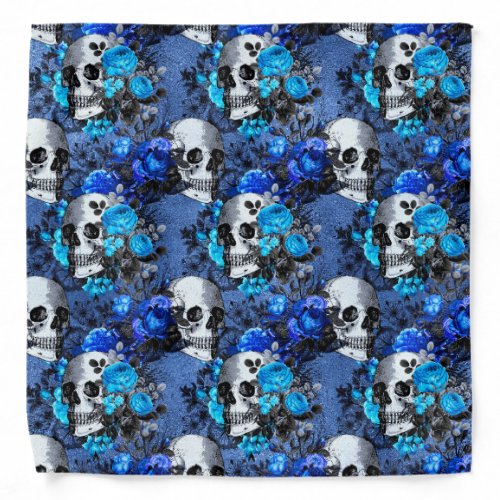 Gothic Blue Skull And Roses Pattern Bandana