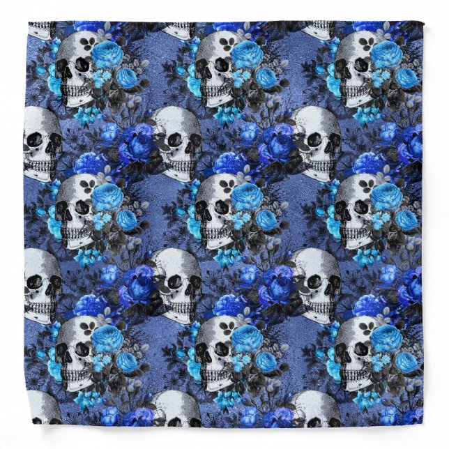 Gothic Blue Skull And Roses Pattern Bandana (Front)