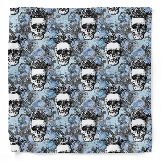 Gothic Blue Skull With Crown And Roses Pattern Bandana (Front)