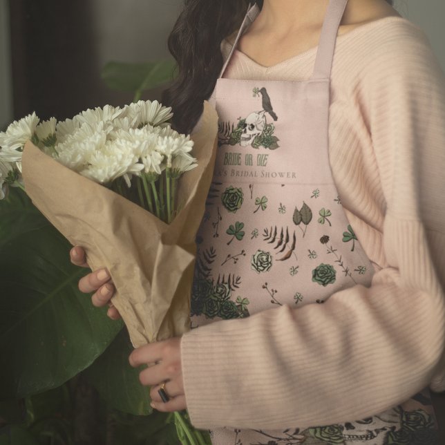 Gothic Blush Pink Bride or Die Floral Skull Clover Apron (Elegant Gothic Blush Pink Bride or Die Wedding Apron. Floral Skull, Clover, Shamrock & Green Roses.)