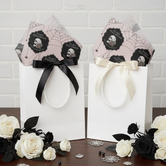 Gothic Blush Pink Floral Skull Halloween Tissue Paper (Gothic Happy Halloween Tissue Paper in Blush Pink. Creepy Skull, Pink Roses, Spiderwebs & Spiders)