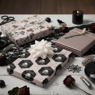 Gothic Blush Pink Skulls and Stripes Halloween  Wrapping Paper Sheets