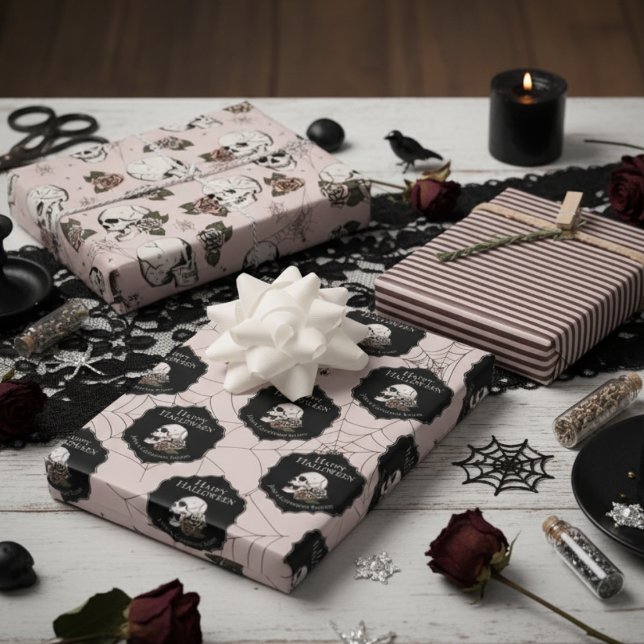 Gothic Blush Pink Skulls and Stripes Halloween  Wrapping Paper Sheets (Gothic Gift Wrap in Pink For Her. Vintage Floral Skulls & Roses Pattern. Halloween October Birthday)